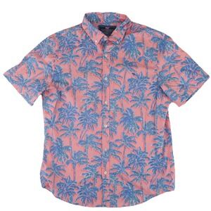 Vineyard Vines Hawaiian Button Up Whale Shirt Mens Medium Slim Pink Palm Tree